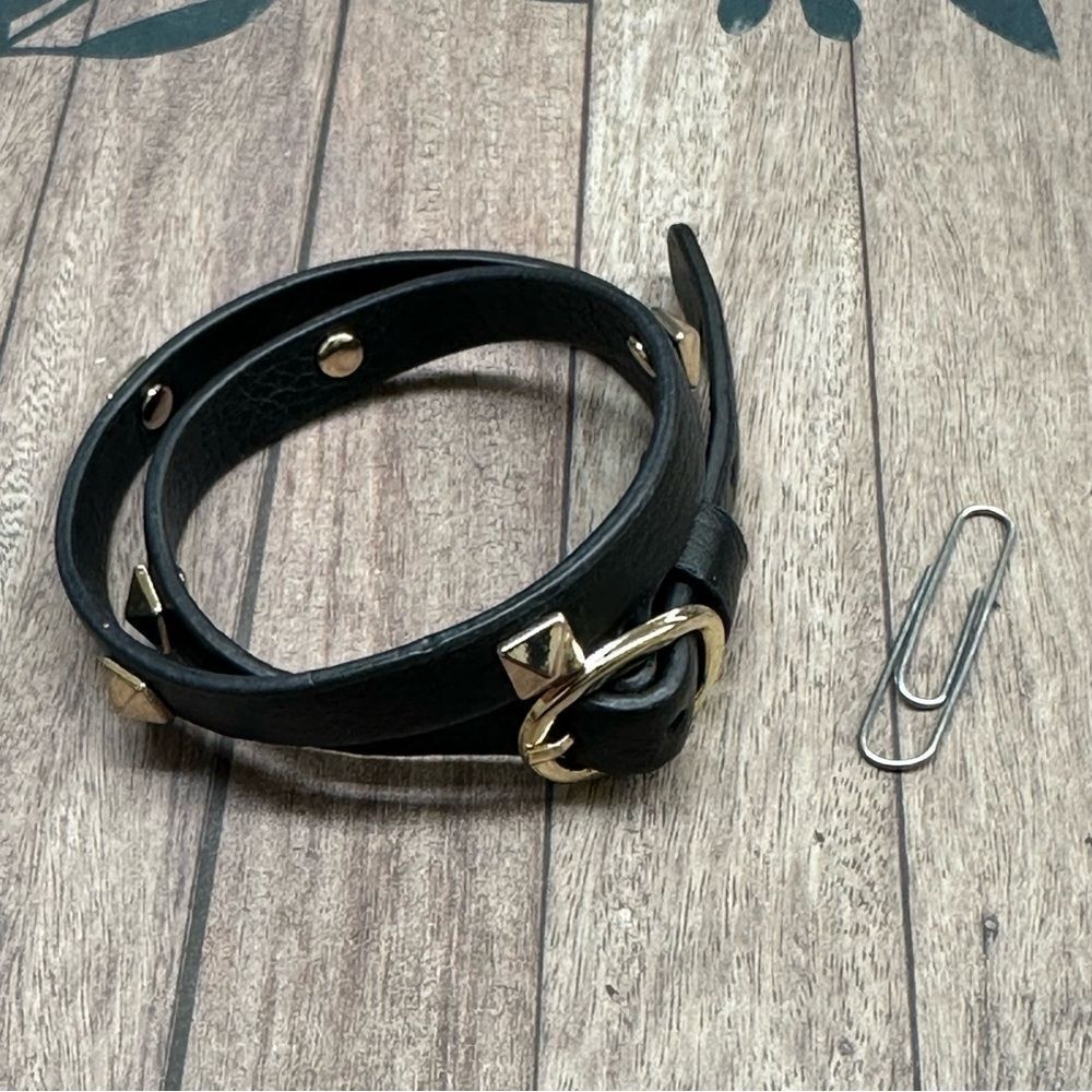 Black Leather Gold Stud Wrap‎ Bracelet B4